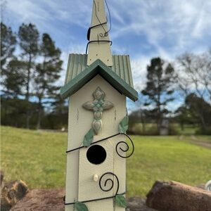 Decorative Wooden Birdhouse cream and Sage Cottagecore